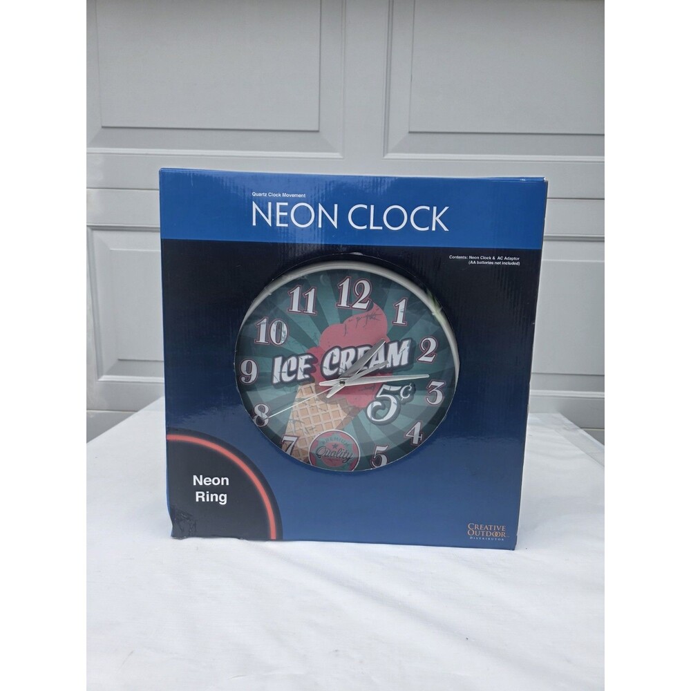 Creative Outdoor Ice Cream Neon Ring Wall Clock Works No Adapter
